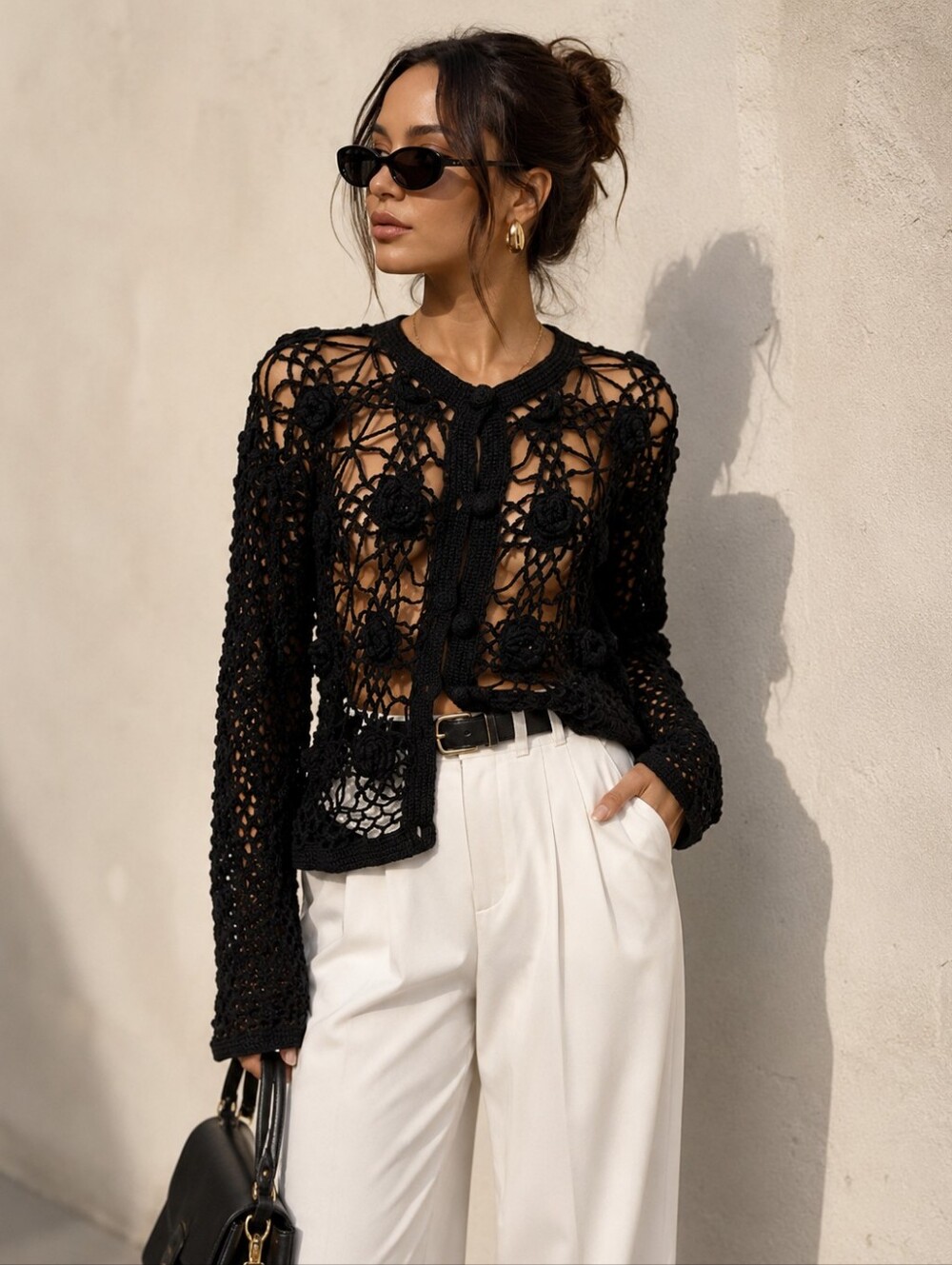 Black Knit Crop Cardigan Sweater With Pop Up Accents L